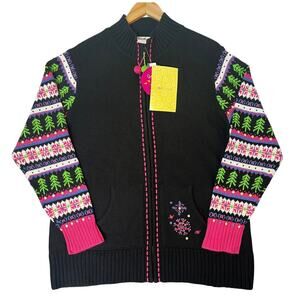 NWT Quacker Factory Black Pink Holiday Christmas Zip Up Sweater Fair Isle XL